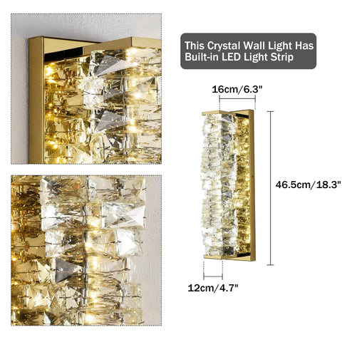Lit Crystal Glass Wall Sconce In Gold Finish, Mid Century Modern Lighting, close-up details with K9 crystal and dimensions