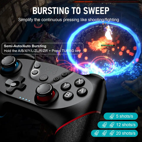 Two Pack Wireless Pro Controllers for Switch 2 with mappable buttons shown with burst mode instructions on gaming screen.