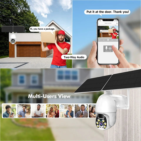Outdoor 4G LTE Solar Security Camera With 1080P Spotlight Color Night Vision showing two-way audio feature at a house