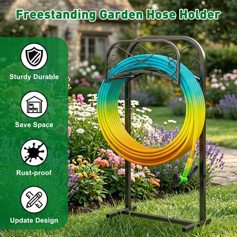 Outdoor Garden Hose Holder Stand 43 Inches Tall With Four Prongs Base Detachable Metal Hose Keeper in a garden scene