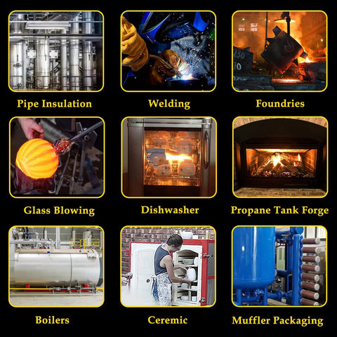 Ceramic fiber insulation collage showing high-temperature applications: pipe, welding, ovens, boilers, muffler packaging