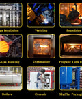 Collage of industrial applications for 60 by 24 by 1 Inch Thick Ceramic Fiber Blanket Insulation in ovens, kilns, and forges.
