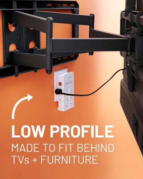 On Wall Surge Protector With Six Pivoting AC Outlets And 1080 Joules Of Surge Protection Space Saving Low Profile Mount behind TV