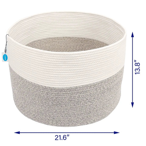 XXXL Cotton Rope Storage Basket With Handles For Blankets Towels And Pillows, Jumbo Woven Laundry Hamper, White And Brown, 22 By 22 By 14 Inches, showing dimensions