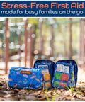 Two blue KeepGoing kids travel first aid kits, opened to reveal 130-piece contents and divided pockets