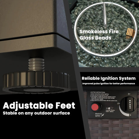 Outdoor Gas Fire Pit Table With 28 Inch Rattan Square Design Glass Wind Guard Tempered Glass Top Lid CSA Listed 50000 BTU Brown features adjustable feet, smokeless glass beads, and reliable ignition system.