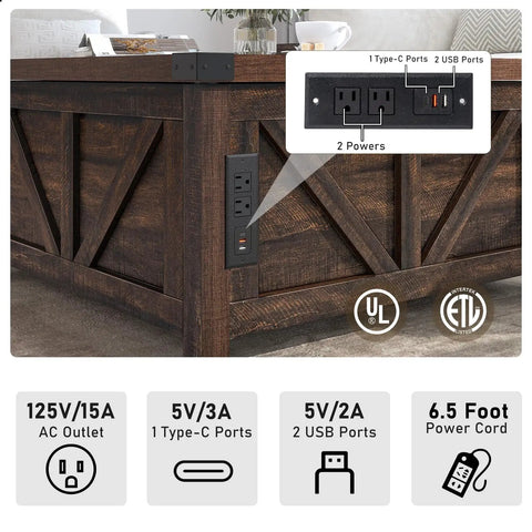 Dope Farmhouse Lift Top Coffee Table With Storage And USB Charging Station featuring outlets and USB ports in brown wood