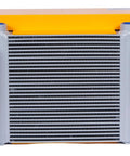 Front view of Heavy Duty Aluminum Plate Heat Exchanger For Hydraulic Oil Cooling, 200 Liters Per Minute Flow, Air Oil Cooler With Fan, Industrial DC24