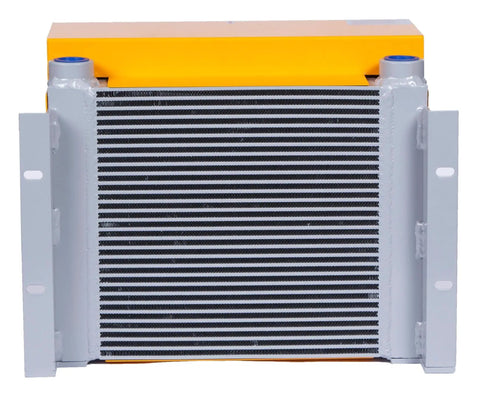 Front view of Heavy Duty Aluminum Plate Heat Exchanger For Hydraulic Oil Cooling, 200 Liters Per Minute Flow, Air Oil Cooler With Fan, Industrial DC24