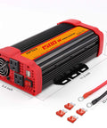 Heavy Duty 1500W Power Inverter Converts 12 Volt DC To 110 Volt AC with dual outlets, USB, and dimensions 11.12x5.4x3.1 inches.
