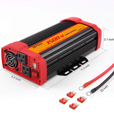 Heavy Duty 1500W Power Inverter Converts 12 Volt DC To 110 Volt AC with dual outlets, USB, and dimensions 11.12x5.4x3.1 inches.