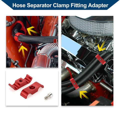 Heavy Duty AN4 Hose Separator Clamps Red Aluminum Alloy Pipe Tube Line Adapter Bracket 4 Pack mounted on car hoses.