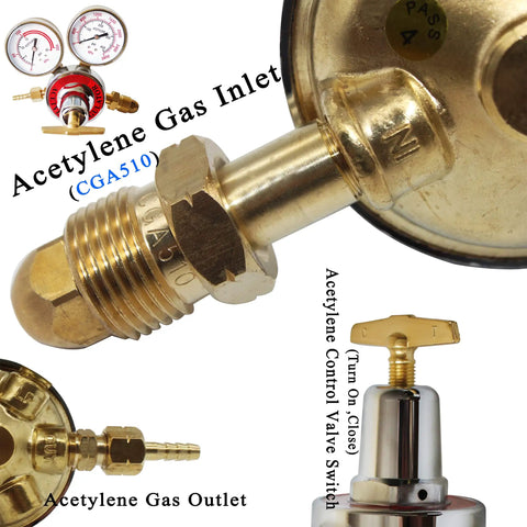 Close-up of acetylene regulator inlet and outlet from Dual Welding Gas Gauges Regulators Combo Oxygen CGA 540 And Acetylene CGA 510