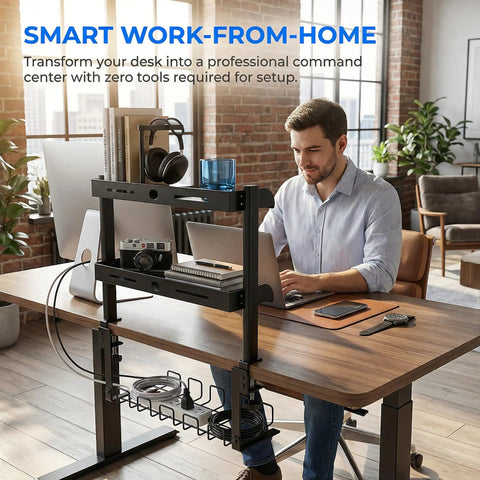 No-Drill Clamp-On 17-Inch 2-Tier Desk Shelf With Hidden Under-Desk Storage Basket For Cables And Gaming Gear in office setup