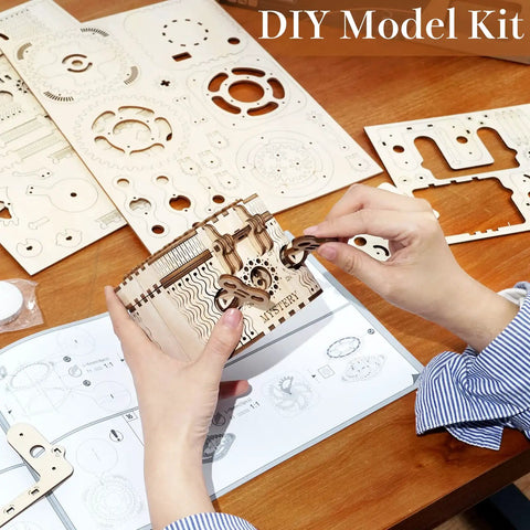 3D Wooden Gear Puzzle Box For Adults And Teens 14 And Up, Laser Cut Mechanical Model Kit Treasure Box With 158 Pieces, hands assembling wooden gears on table