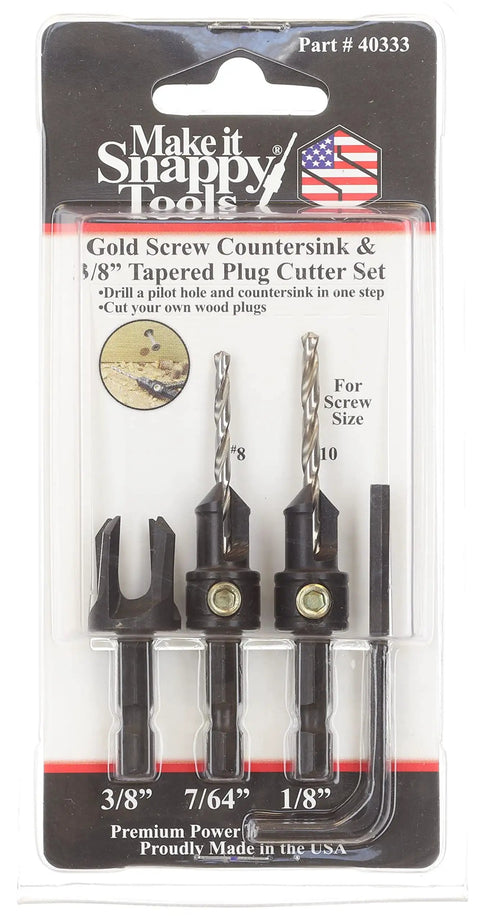 Quick-Change Countersink Drill Bit Set, Two-Piece With Three-Eighths Plug Cutter For One-Step Pilot Hole, Countersink And Counterbore