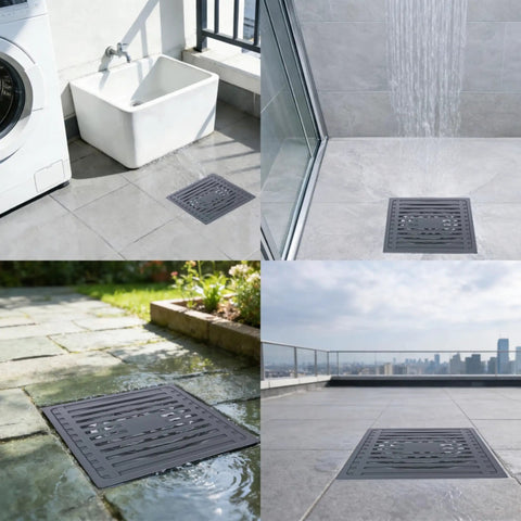 Heavy Duty 4X4 Inch Square Shower Drain Made From Real 304 Stainless Steel Bathroom Floor Drain in outdoor setting.
