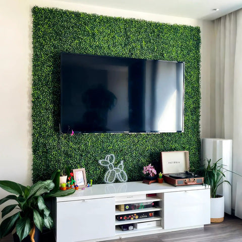 Boxwood Hedge Panel Pack 24 Count 20 By 20 Inches Artificial Grass Wall Backdrop Greenery Wall For Privacy Fence Outdoor Garden And Indoor Decor Realistic Boxwood Look For Patio Fence Or Event Space Easy Setup No Fuss mounted behind TV area indoors