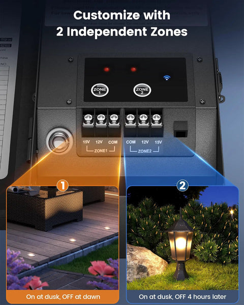 WiFi Low Voltage Landscape Transformer With Dual Channels 300W Smart Life App Controlled Lighting 2.4GHz for 2 zones