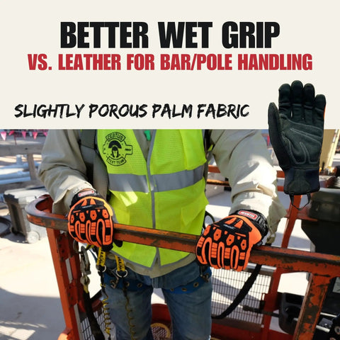 Worker wearing 6161 ANSI A6 Cut Resistant Impact Gloves with dense fabric palm for bar handling in construction setting