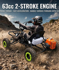 Person driving 63cc Gas Off Road Go Kart For Kids Teens And Adults With High Handlebar For Extra Legroom Padded Seat up rocky trail