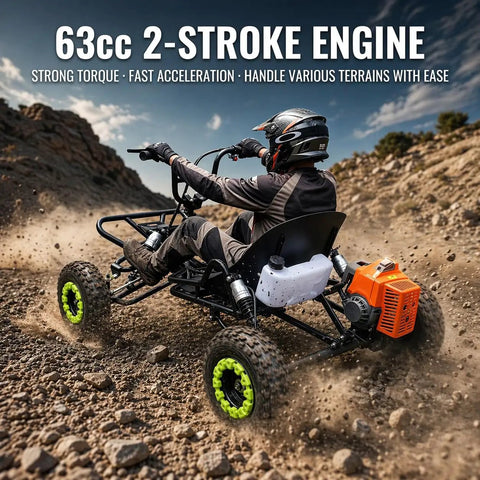 Person driving 63cc Gas Off Road Go Kart For Kids Teens And Adults With High Handlebar For Extra Legroom Padded Seat up rocky trail