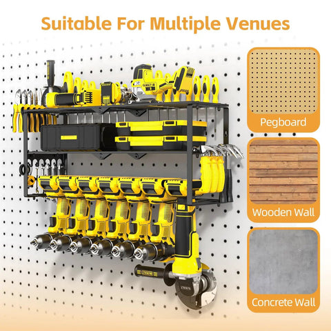 Heavy Duty Metal Garage Power Tool Organizer Wall Mount Three Layer Drill Holder For Cordless Tools 150 Pound Capacity