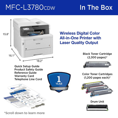 MFC-L3780CDW Wireless Color All-In-One Printer with Laser Quality Output and included accessories for small business use