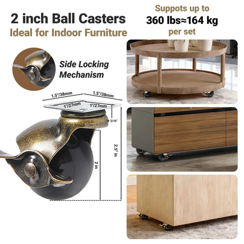 2 Inch Ball Caster Wheels With Side Locking Antique Brass Vintage Swivel Casters For Furniture Set Of 4 With 16 Screws Heavy Duty 360 Lbs Capacity Ideal For Coffee Tables And Ottomans, side locking brass ball caster on furniture