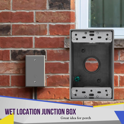 Weatherproof Outdoor Outlet Box With Three Quarter Inch Threaded Holes installed on brick wall, one gang receptacle