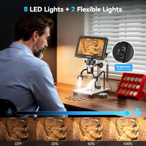7 Inch IPS Digital Microscope With Rotatable HD Screen 1200X Magnification, 16MP Camera, Coin Microscope With Built In Lights For Ultra Crisp Close Ups, Easy Viewing, No Lag Imaging, Perfect For Classrooms And Hobbyists, with 8 LED lights and brightness knob