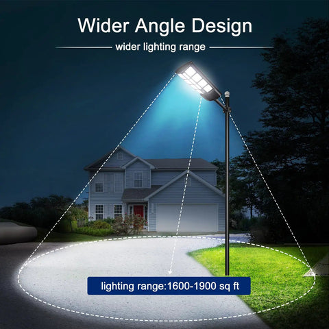 Solar Powered Outdoor Street Light Dusk To Dawn With 3 Modes Motion Sensor And Remote Control 6000K 374 LEDs illuminating driveway