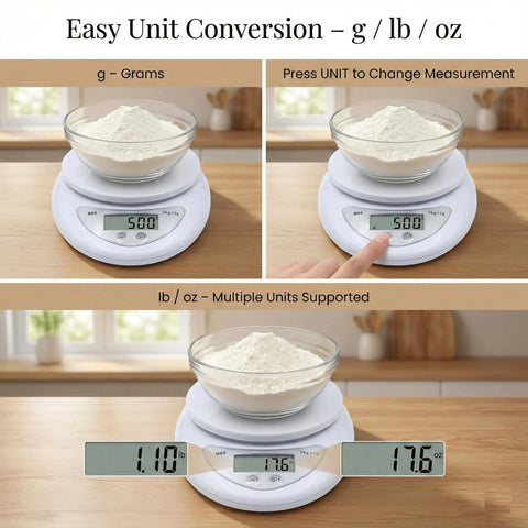 High Precision Digital Kitchen Scale For Cooking And Baking With 5 Kg 11 Lb Capacity Stainless Steel Platform Large LCD Display And Tare Function Batteries Included Ideal For Busy Home Cooks And Quick Meal Prep showing unit conversion for grams, ounces, and pounds.