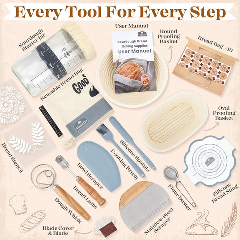 Image of All In One Sourdough Starter Kit For Home Bakers With Round 9 Inch And Oval 10 Inch Proofing Baskets Bread Jar Silicone Spatula Dough Whisk Bread Lame And Blades Blade Cover And Mixing Bowl.