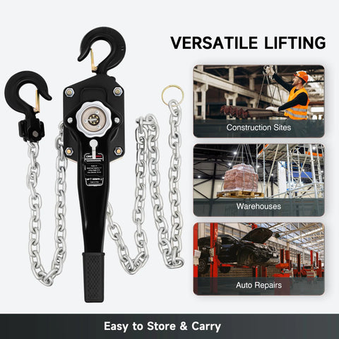 Creworks lever chain hoist front view, 3-ton capacity, galvanized G80 chain with swivel hooks, 10 ft manual hoist