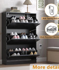 Slim 3-Flip Shoe Storage Cabinet With Odor Control Deodorizer, shown with anti-tipping device and dust-resistant back panels.