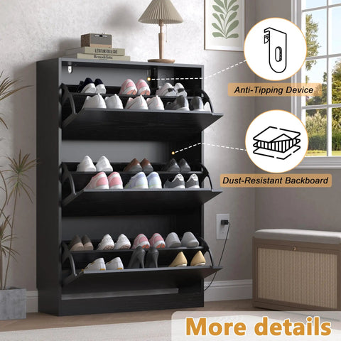 Slim 3-Flip Shoe Storage Cabinet With Odor Control Deodorizer, shown with anti-tipping device and dust-resistant back panels.