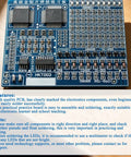 Close-up of SMD SMT Components Soldering Practice Board Kit with marked electronic component placement on a blue PCB.