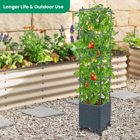 Raised Garden Bed Planter With Trellis For Climbing Veggies And Tomatoes, Outdoor Tomato Cage On Wheels in garden setting