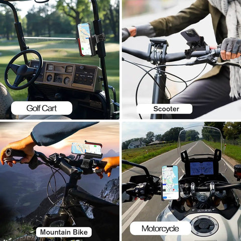Rotatable Universal Golf Cart Phone Holder That Is Big Phones Friendly Fits Thick Cases Easy Mount showcased on various vehicles.
