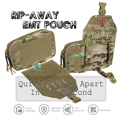 Rapid Deployment MOLLE Trauma First Aid Pouch Grab And Go Ready Quick Release Tear Off System Red Identification shown in camo mesh.