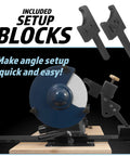Pro Grind lathe tool sharpening jig with setup blocks for bowl gouge and chisels; blue grinding wheel on wooden base.