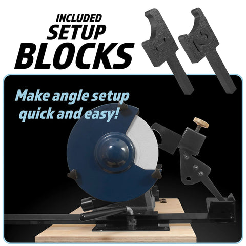 Pro Grind lathe tool sharpening jig with setup blocks for bowl gouge and chisels; blue grinding wheel on wooden base.