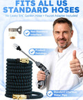 Man holding Pro Pressure Washer Gun With Foam Pot, Easy Install Complete Kit next to coiled garden hose and adapter interface.