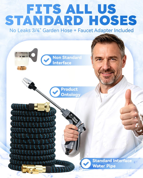 Man holding Pro Pressure Washer Gun With Foam Pot, Easy Install Complete Kit next to coiled garden hose and adapter interface.