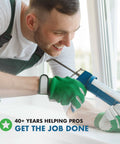 Man using caulk gun, applying 4500 Roof Bonding Sealant One Component Scypolymer, 10 Ounce Cartridge, on a window frame
