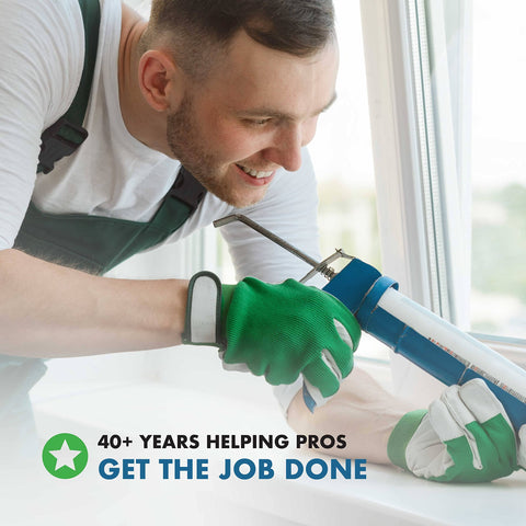 Man using caulk gun, applying 4500 Roof Bonding Sealant One Component Scypolymer, 10 Ounce Cartridge, on a window frame