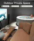Relaxing in an inflatable hot tub in a cozy, covered outdoor area with a reclining sofa, screen, and round coffee table.