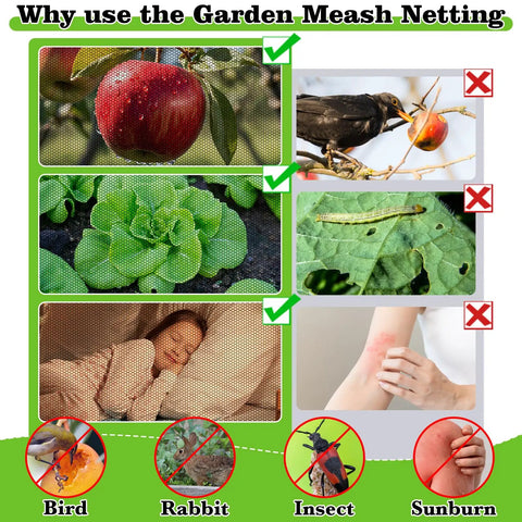 Diagram showing benefits of Large Garden Mosquito Netting 39 By 10 Feet Breathable Mesh Shield blocking birds and pests.