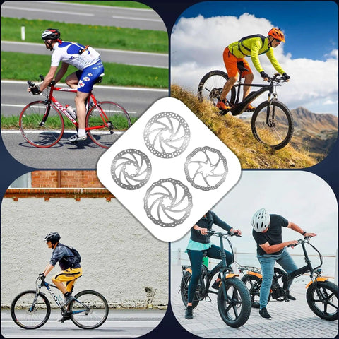 Cyclists on varied terrains with Six Bolt 160mm Disc Brake Rotor For Mountain Bikes Stainless Steel Built To Last, Rust Resistant, 44mm Mounting Hole Distance Flange Adapter Included With All 6 Bolts For Easy Mount On Mountain And Road Bikes in center
